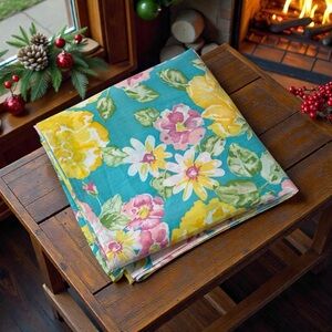 Vintage Tablecloth Rectangular Floral Pastel Peonies Hydrangeas Daisy Turquoise